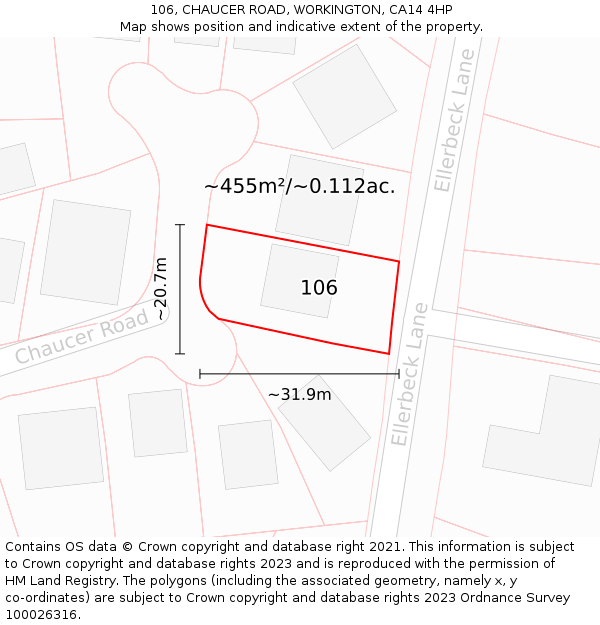 106, CHAUCER ROAD, WORKINGTON, CA14 4HP: Plot and title map
