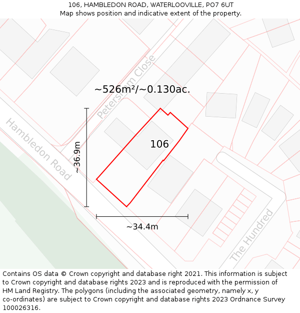 106, HAMBLEDON ROAD, WATERLOOVILLE, PO7 6UT: Plot and title map