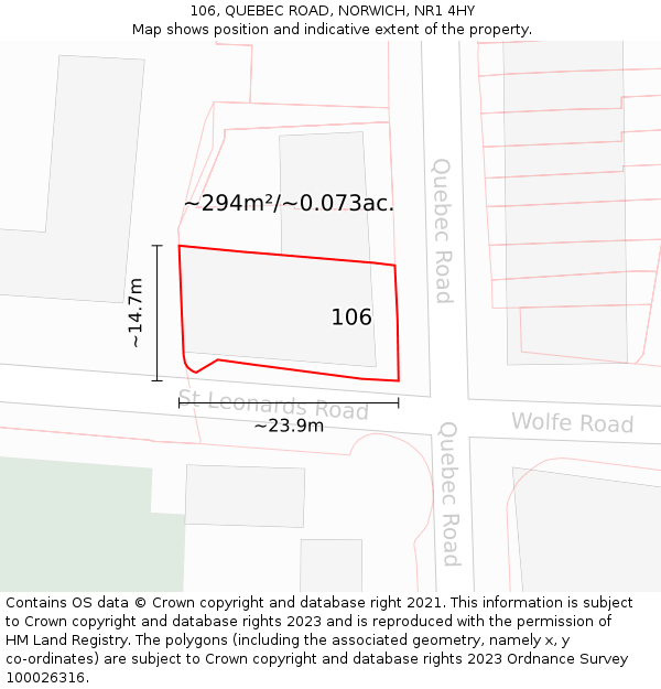 106, QUEBEC ROAD, NORWICH, NR1 4HY: Plot and title map