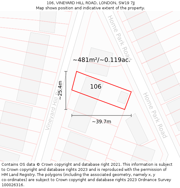 106, VINEYARD HILL ROAD, LONDON, SW19 7JJ: Plot and title map