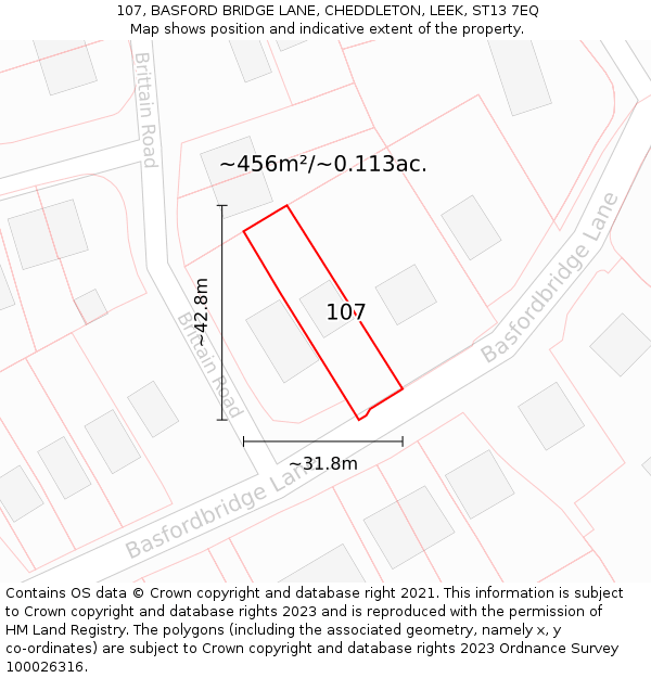 107, BASFORD BRIDGE LANE, CHEDDLETON, LEEK, ST13 7EQ: Plot and title map