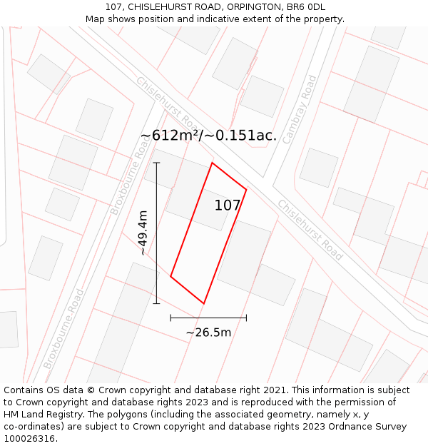 107, CHISLEHURST ROAD, ORPINGTON, BR6 0DL: Plot and title map