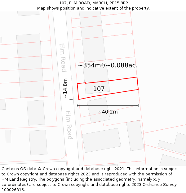 107, ELM ROAD, MARCH, PE15 8PP: Plot and title map