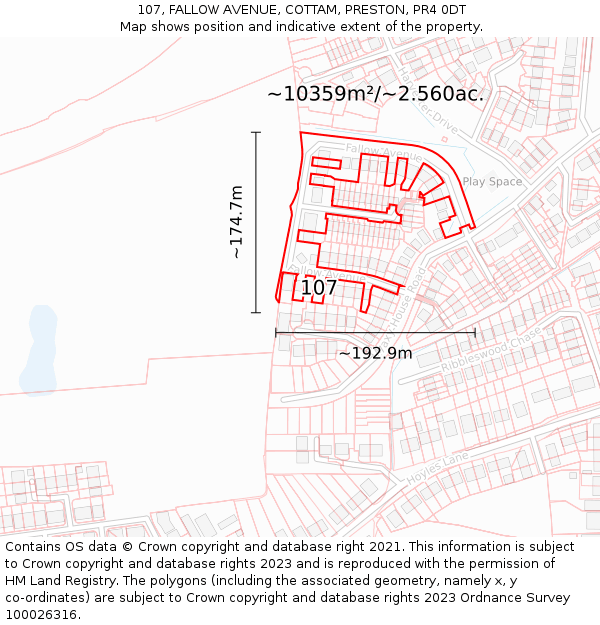 107, FALLOW AVENUE, COTTAM, PRESTON, PR4 0DT: Plot and title map