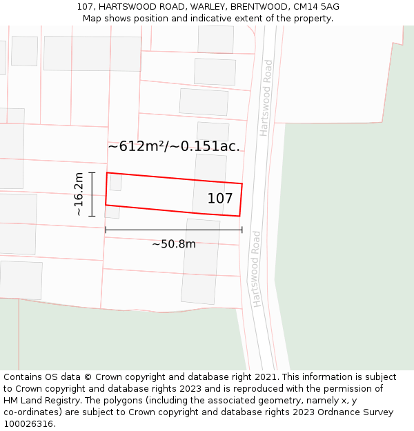 107, HARTSWOOD ROAD, WARLEY, BRENTWOOD, CM14 5AG: Plot and title map