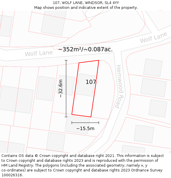 107, WOLF LANE, WINDSOR, SL4 4YY: Plot and title map