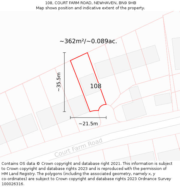 108, COURT FARM ROAD, NEWHAVEN, BN9 9HB: Plot and title map