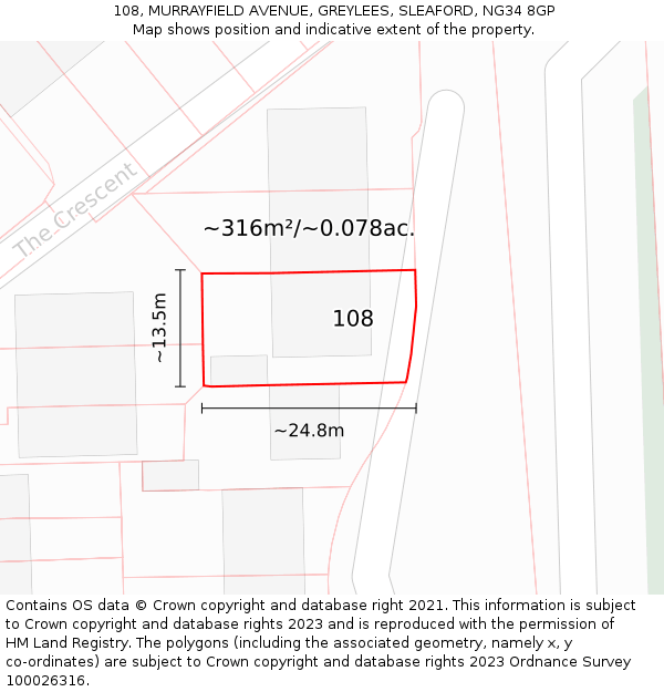 108, MURRAYFIELD AVENUE, GREYLEES, SLEAFORD, NG34 8GP: Plot and title map