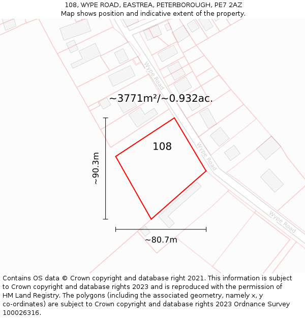 108, WYPE ROAD, EASTREA, PETERBOROUGH, PE7 2AZ: Plot and title map