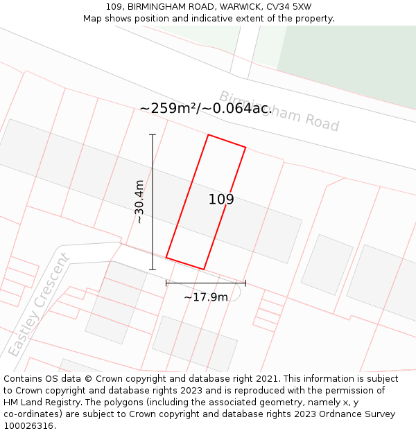 109, BIRMINGHAM ROAD, WARWICK, CV34 5XW: Plot and title map