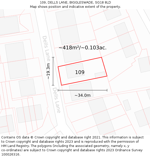 109, DELLS LANE, BIGGLESWADE, SG18 8LD: Plot and title map