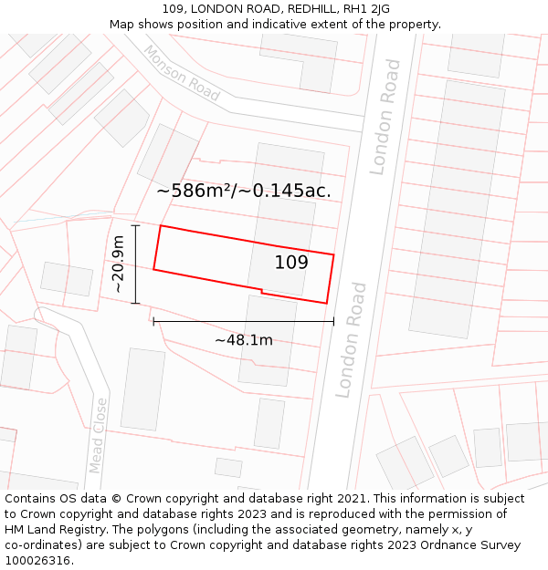 109, LONDON ROAD, REDHILL, RH1 2JG: Plot and title map