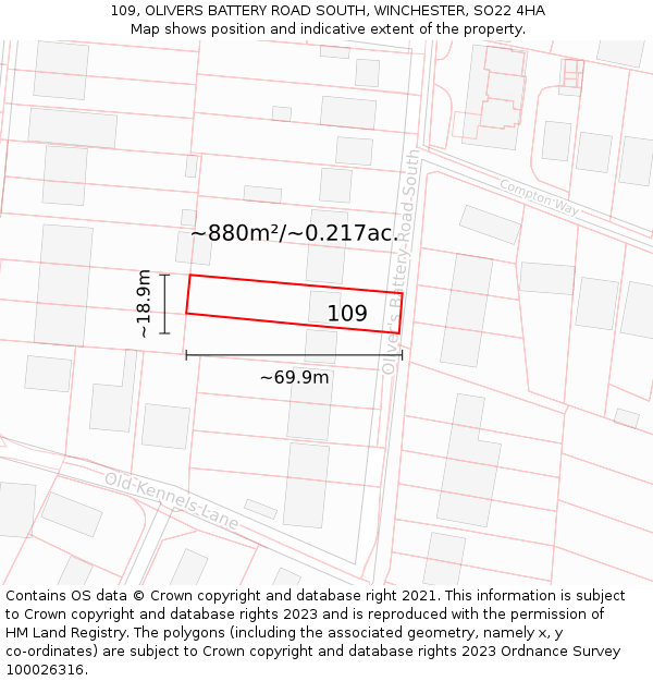 109, OLIVERS BATTERY ROAD SOUTH, WINCHESTER, SO22 4HA: Plot and title map