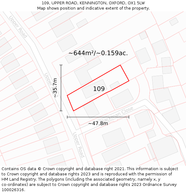 109, UPPER ROAD, KENNINGTON, OXFORD, OX1 5LW: Plot and title map