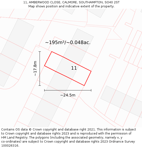 11, AMBERWOOD CLOSE, CALMORE, SOUTHAMPTON, SO40 2ST: Plot and title map