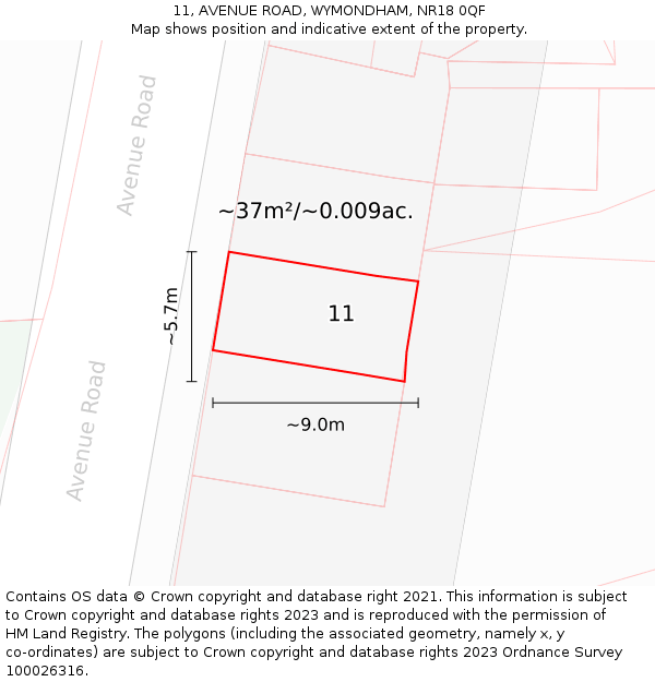 11, AVENUE ROAD, WYMONDHAM, NR18 0QF: Plot and title map