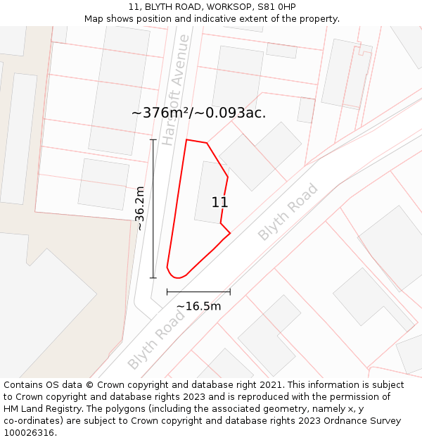 11, BLYTH ROAD, WORKSOP, S81 0HP: Plot and title map