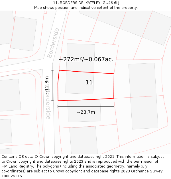 11, BORDERSIDE, YATELEY, GU46 6LJ: Plot and title map