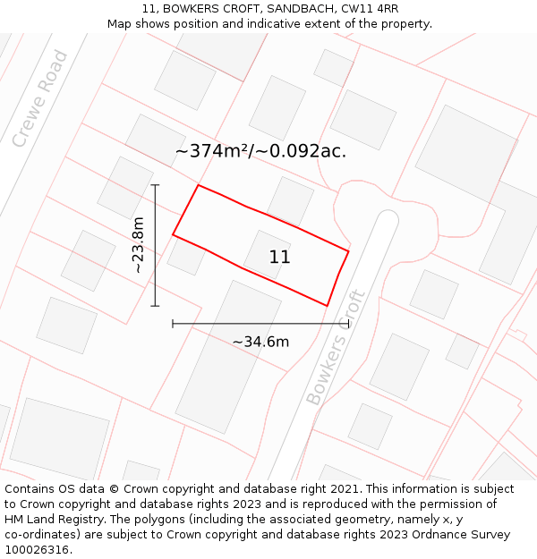 11, BOWKERS CROFT, SANDBACH, CW11 4RR: Plot and title map