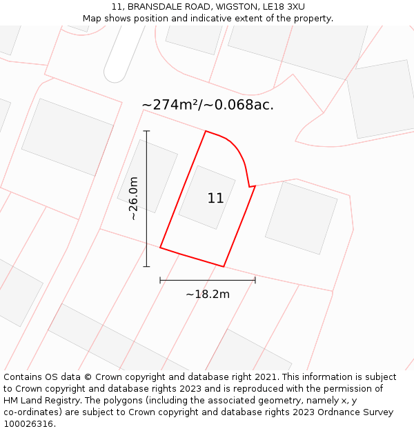 11, BRANSDALE ROAD, WIGSTON, LE18 3XU: Plot and title map