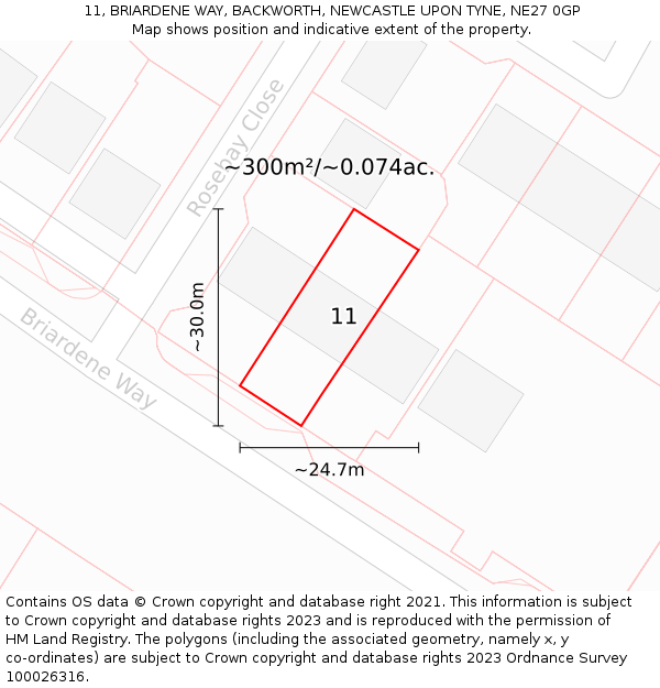 11, BRIARDENE WAY, BACKWORTH, NEWCASTLE UPON TYNE, NE27 0GP: Plot and title map