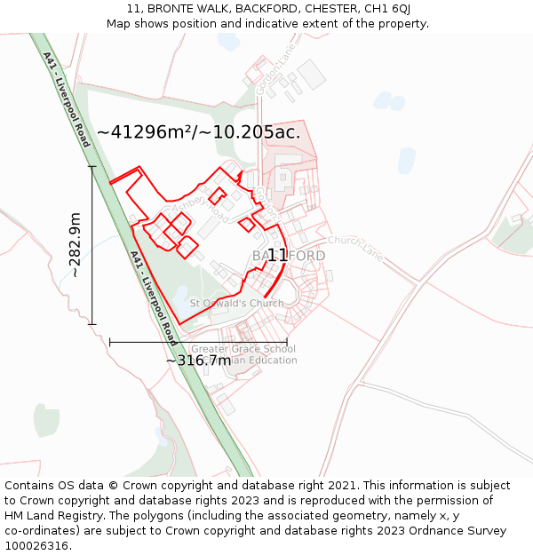 11, BRONTE WALK, BACKFORD, CHESTER, CH1 6QJ: Plot and title map