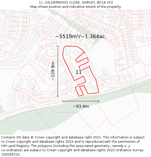 11, CALDERWOOD CLOSE, SHIPLEY, BD18 1PZ: Plot and title map