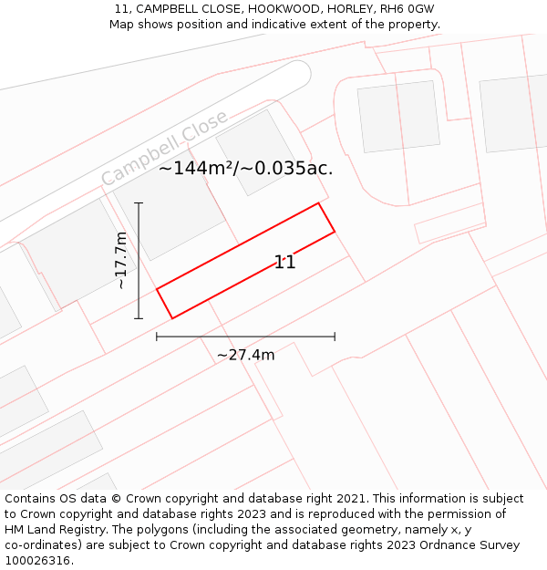 11, CAMPBELL CLOSE, HOOKWOOD, HORLEY, RH6 0GW: Plot and title map