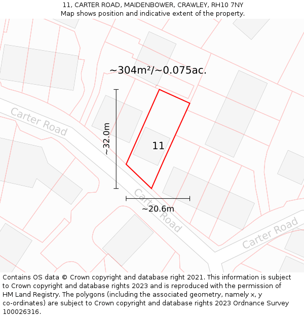 11, CARTER ROAD, MAIDENBOWER, CRAWLEY, RH10 7NY: Plot and title map