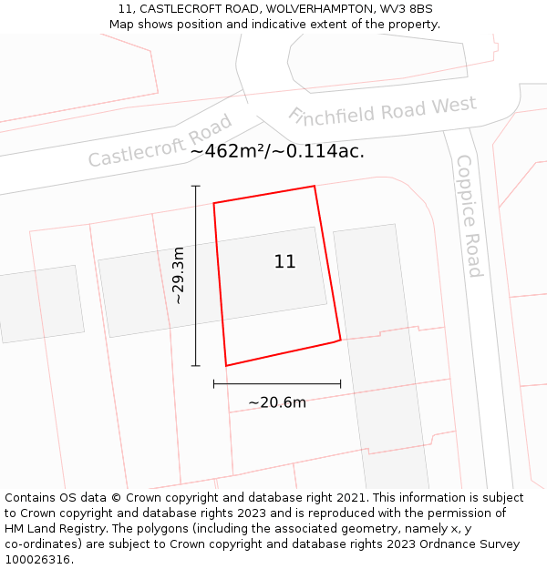 11, CASTLECROFT ROAD, WOLVERHAMPTON, WV3 8BS: Plot and title map