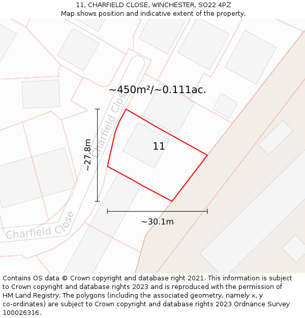 11, CHARFIELD CLOSE, WINCHESTER, SO22 4PZ: Plot and title map