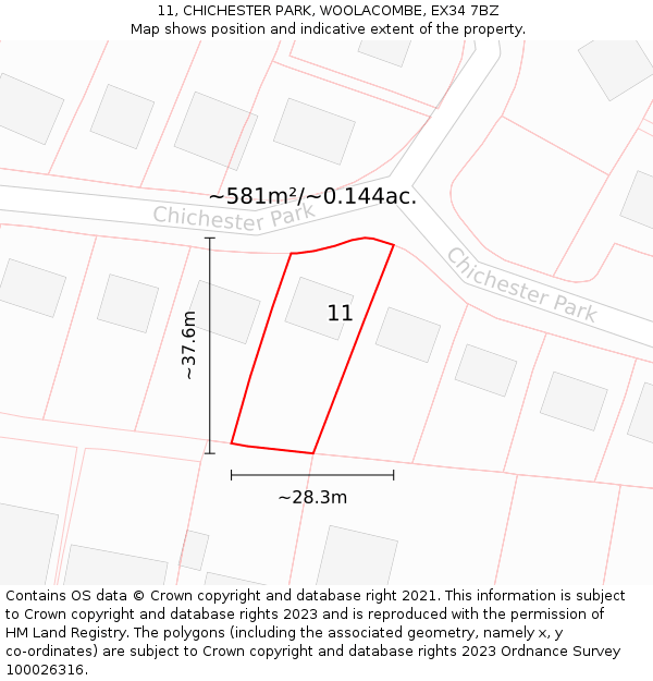 11, CHICHESTER PARK, WOOLACOMBE, EX34 7BZ: Plot and title map