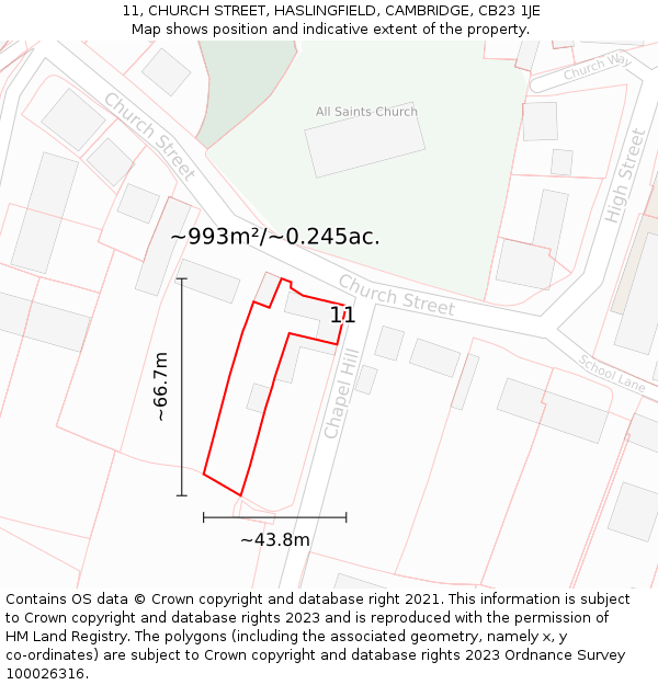 11, CHURCH STREET, HASLINGFIELD, CAMBRIDGE, CB23 1JE: Plot and title map