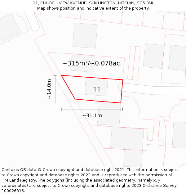 11, CHURCH VIEW AVENUE, SHILLINGTON, HITCHIN, SG5 3NL: Plot and title map