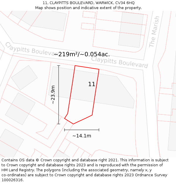 11, CLAYPITTS BOULEVARD, WARWICK, CV34 6HQ: Plot and title map