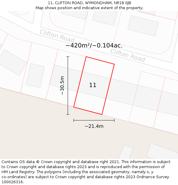 11, CLIFTON ROAD, WYMONDHAM, NR18 0JB: Plot and title map