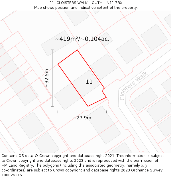 11, CLOISTERS WALK, LOUTH, LN11 7BX: Plot and title map