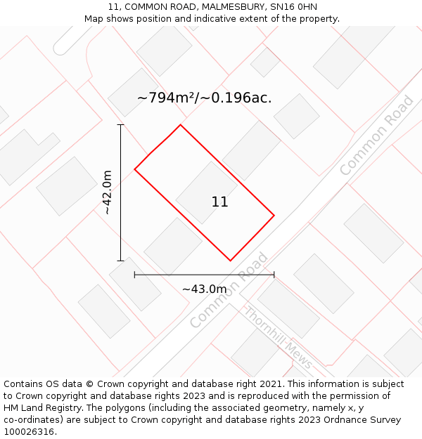 11, COMMON ROAD, MALMESBURY, SN16 0HN: Plot and title map