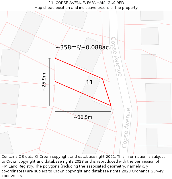 11, COPSE AVENUE, FARNHAM, GU9 9ED: Plot and title map