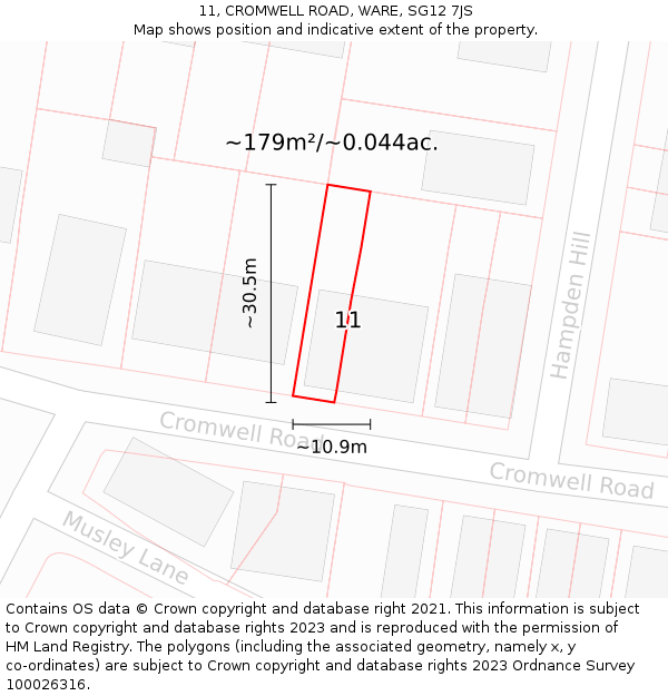 11, CROMWELL ROAD, WARE, SG12 7JS: Plot and title map