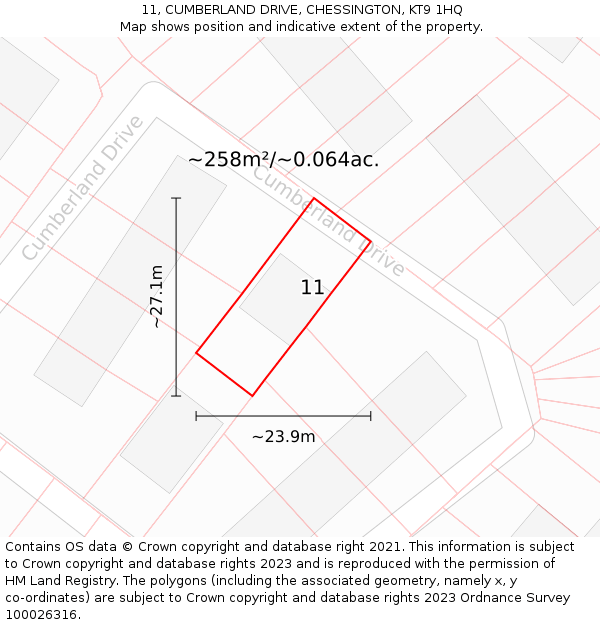 11, CUMBERLAND DRIVE, CHESSINGTON, KT9 1HQ: Plot and title map