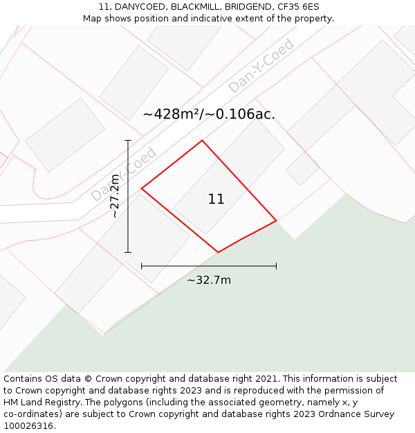 11, DANYCOED, BLACKMILL, BRIDGEND, CF35 6ES: Plot and title map