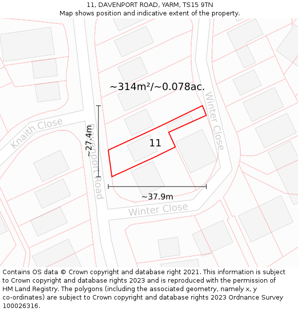 11, DAVENPORT ROAD, YARM, TS15 9TN: Plot and title map