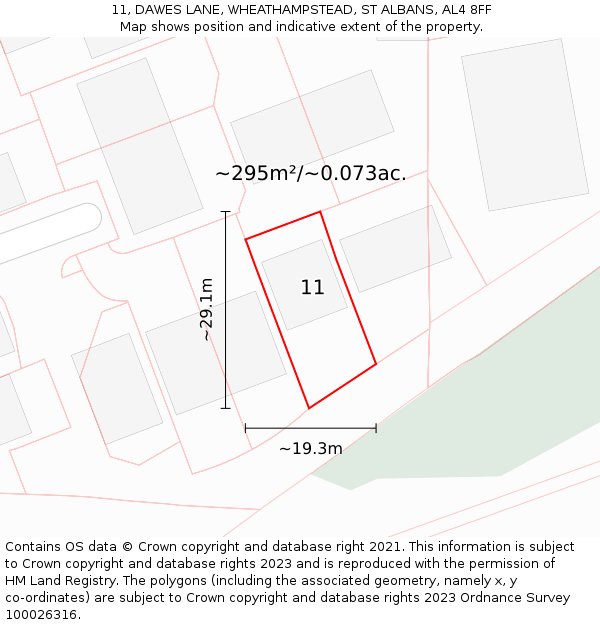 11, DAWES LANE, WHEATHAMPSTEAD, ST ALBANS, AL4 8FF: Plot and title map