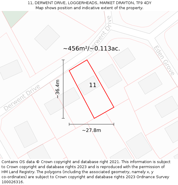 11, DERWENT DRIVE, LOGGERHEADS, MARKET DRAYTON, TF9 4DY: Plot and title map