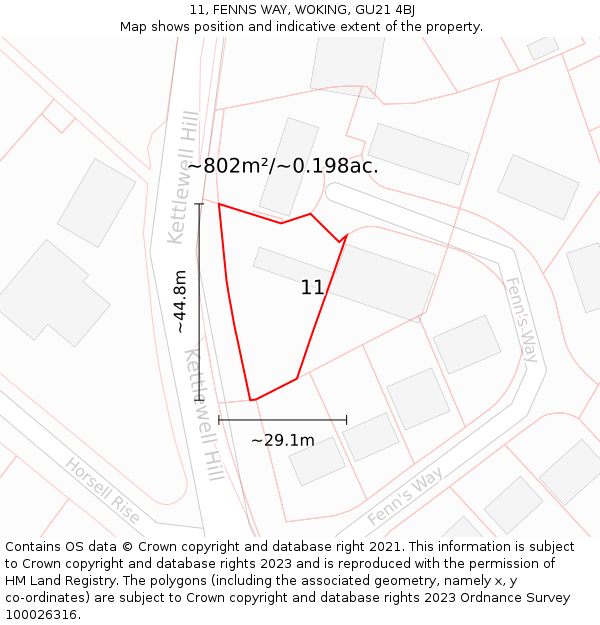 11, FENNS WAY, WOKING, GU21 4BJ: Plot and title map