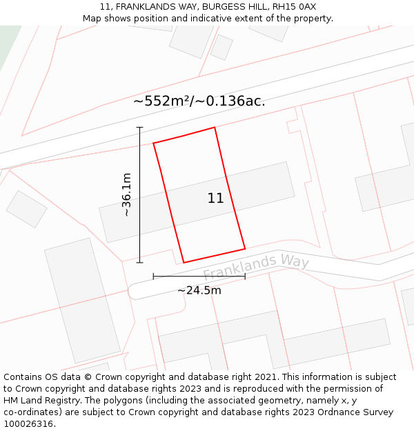 11, FRANKLANDS WAY, BURGESS HILL, RH15 0AX: Plot and title map