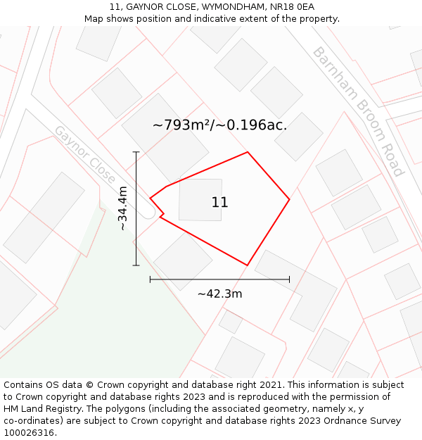 11, GAYNOR CLOSE, WYMONDHAM, NR18 0EA: Plot and title map