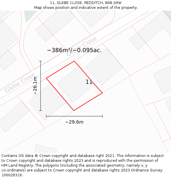 11, GLEBE CLOSE, REDDITCH, B98 0AW: Plot and title map