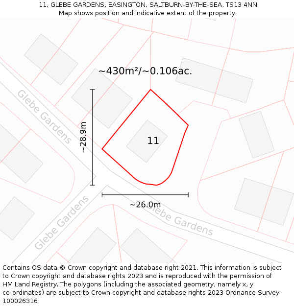 11, GLEBE GARDENS, EASINGTON, SALTBURN-BY-THE-SEA, TS13 4NN: Plot and title map